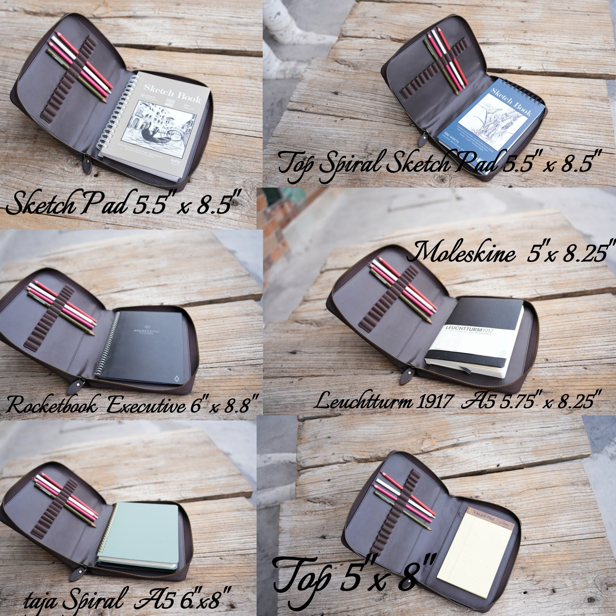 JJNUSA Leather Sketchbook Zipper Cover Artist Sketch Pad Cover for 5.5" x 8.5" / Top Spiral Mini Sketchbook, Drawing Book and Pencil Holder Case, Travel Journal Notebook Portfolio A5