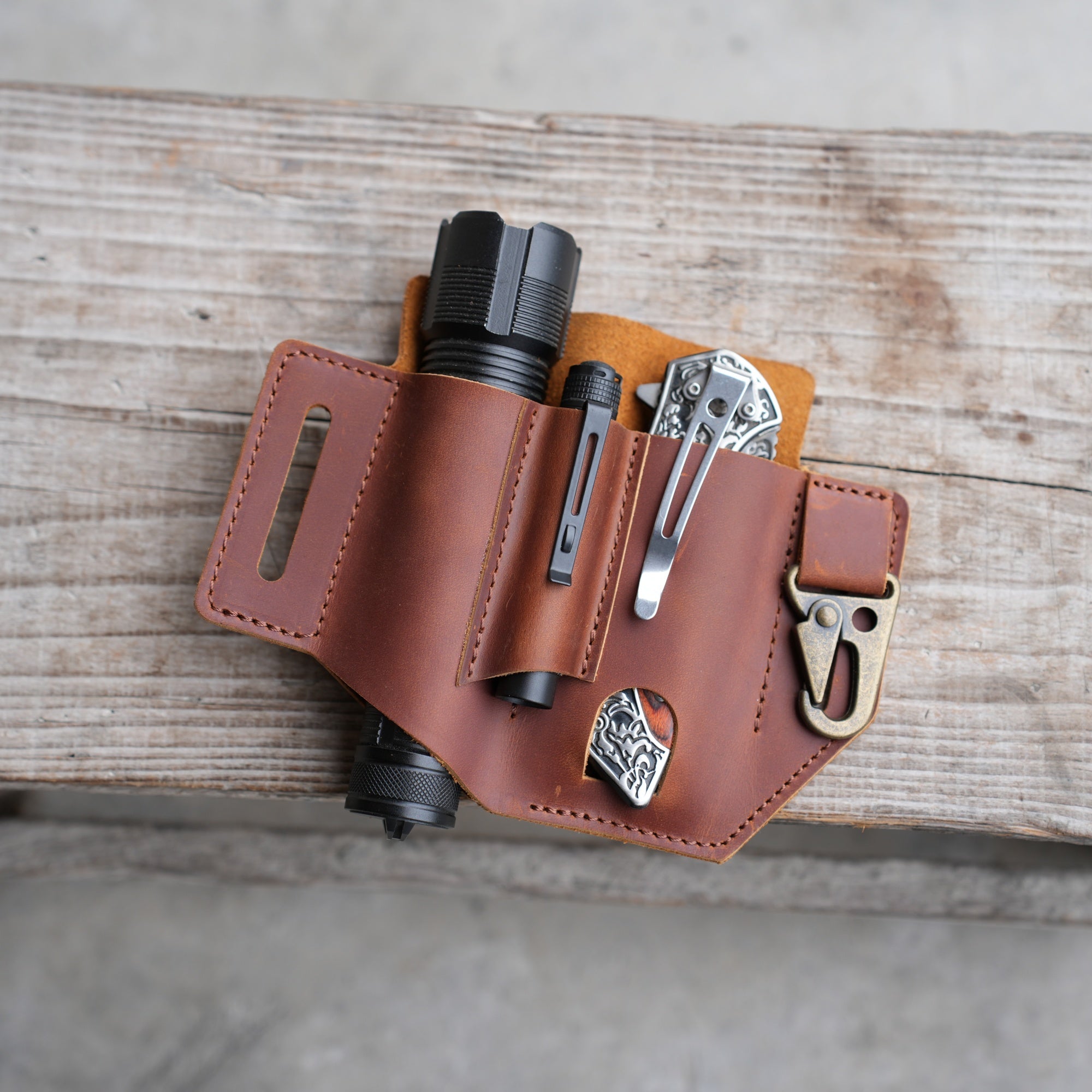 Genuine Leather Multitool Belt Sheath Organizer, Leather sheath , Olight S2R Baton, Olight i5T, Fenix PD25 , Knives Sheath Holster