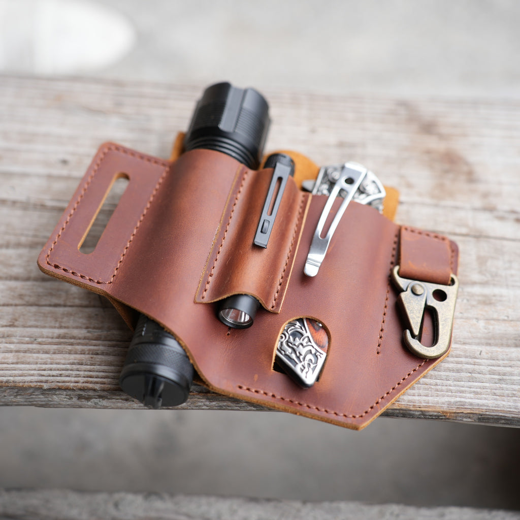 Genuine Leather Multitool Belt Sheath Organizer, EDC Belt Holder   Flashlight Holder, Pen Holder and Key chain Clip, Knives Sheath Holster