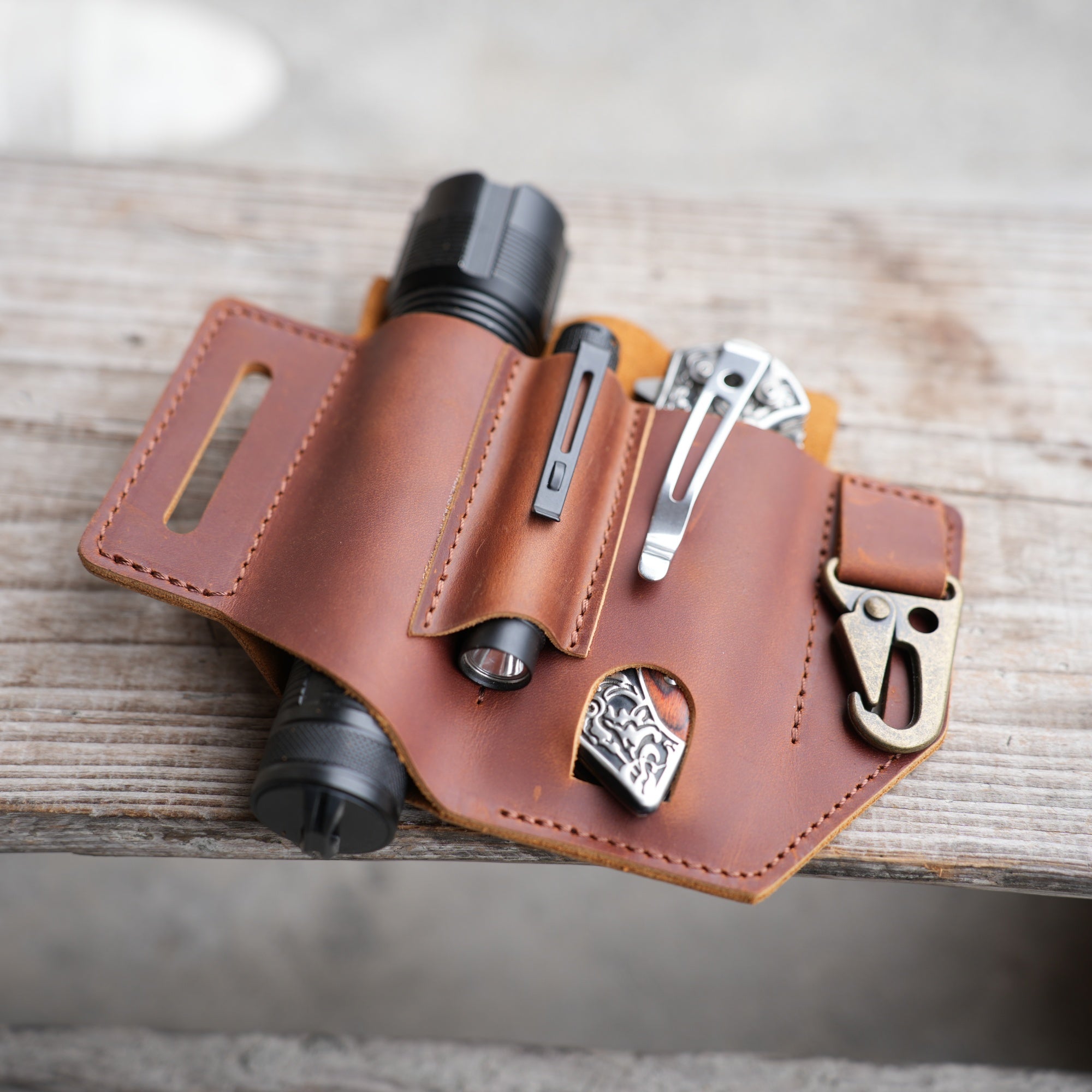 Genuine Leather Multitool Belt Sheath Organizer, EDC Belt Holder   Flashlight Holder, Pen Holder and Key chain Clip, Knives Sheath Holster