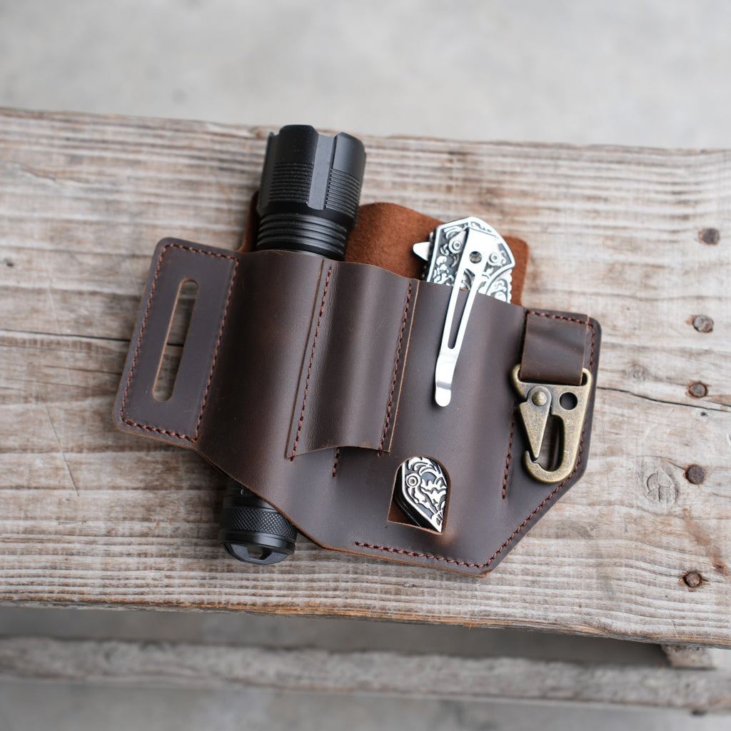 Genuine Leather Multitool Belt Sheath Organizer, Leather sheath , Olight S2R Baton, Olight i5T, Fenix PD25 , Knives Sheath Holster