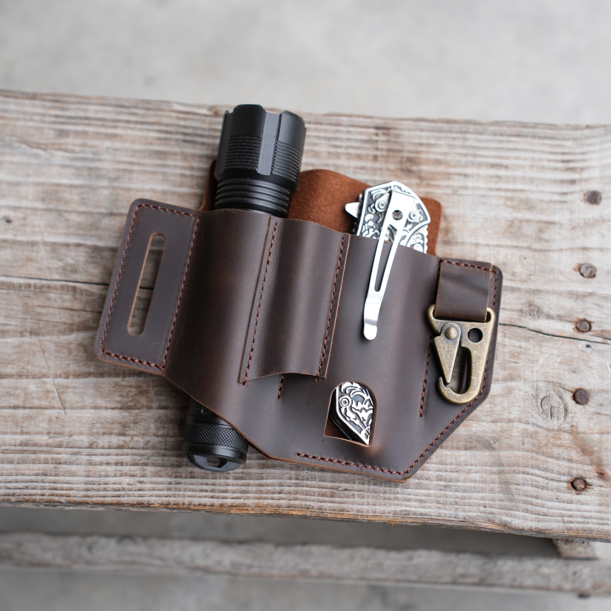Genuine Leather Multitool Belt Sheath Organizer, EDC Belt Holder   Flashlight Holder, Pen Holder and Key chain Clip, Knives Sheath Holster