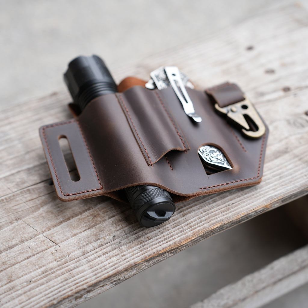 Genuine Leather Multitool Belt Sheath Organizer, EDC Belt Holder   Flashlight Holder, Pen Holder and Key chain Clip, Knives Sheath Holster