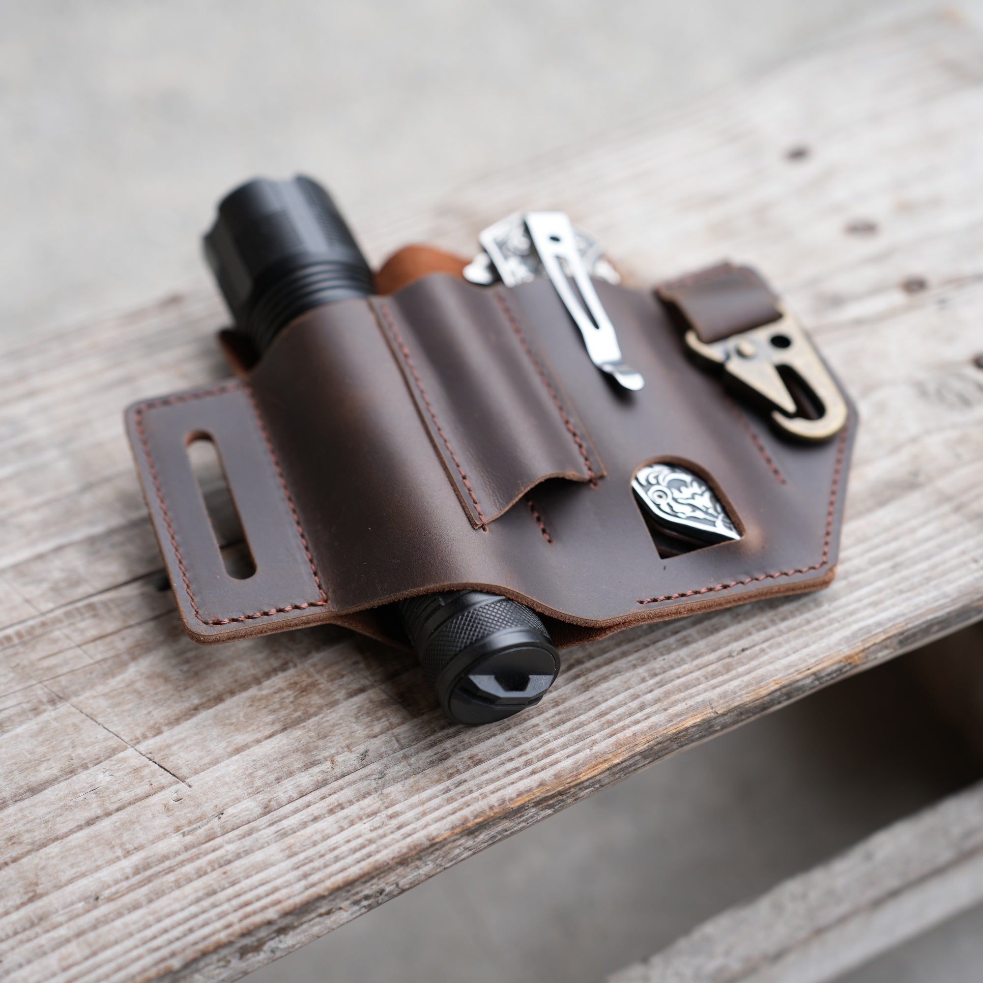 Genuine Leather Multitool Belt Sheath Organizer, EDC Belt Holder   Flashlight Holder, Pen Holder and Key chain Clip, Knives Sheath Holster