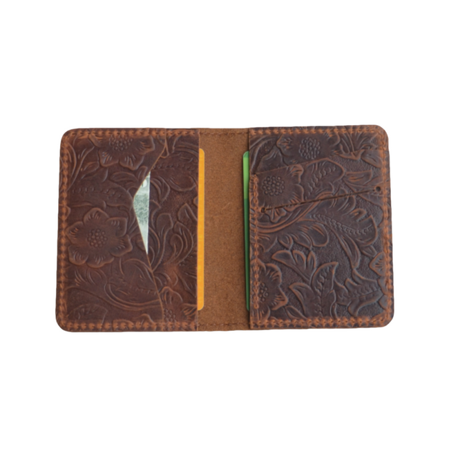 personalized Minimalist Bifold Wallet, Men's Minimalist Card Holder Distressed Leather Wallet - |  Flower brown Bifold Leather Wallet Main Image
