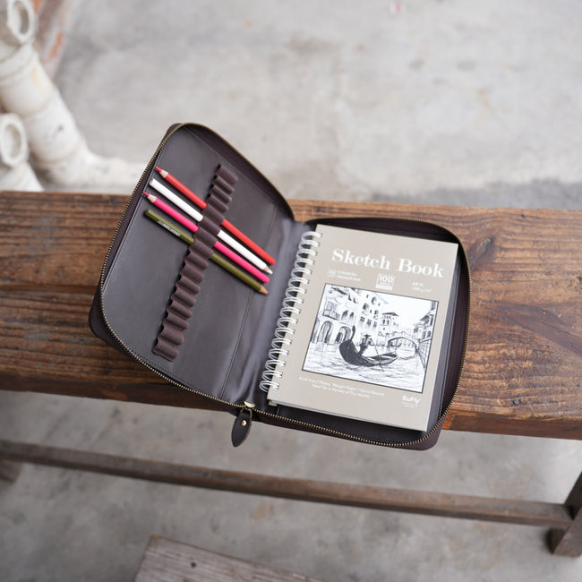 JJNUSA Leather Sketchbook Zipper Cover Artist Sketch Pad Cover for 5.5" x 8.5" / Top Spiral Mini Sketchbook, Drawing Book and Pencil Holder Case, Travel Journal Notebook Portfolio A5 Main Image