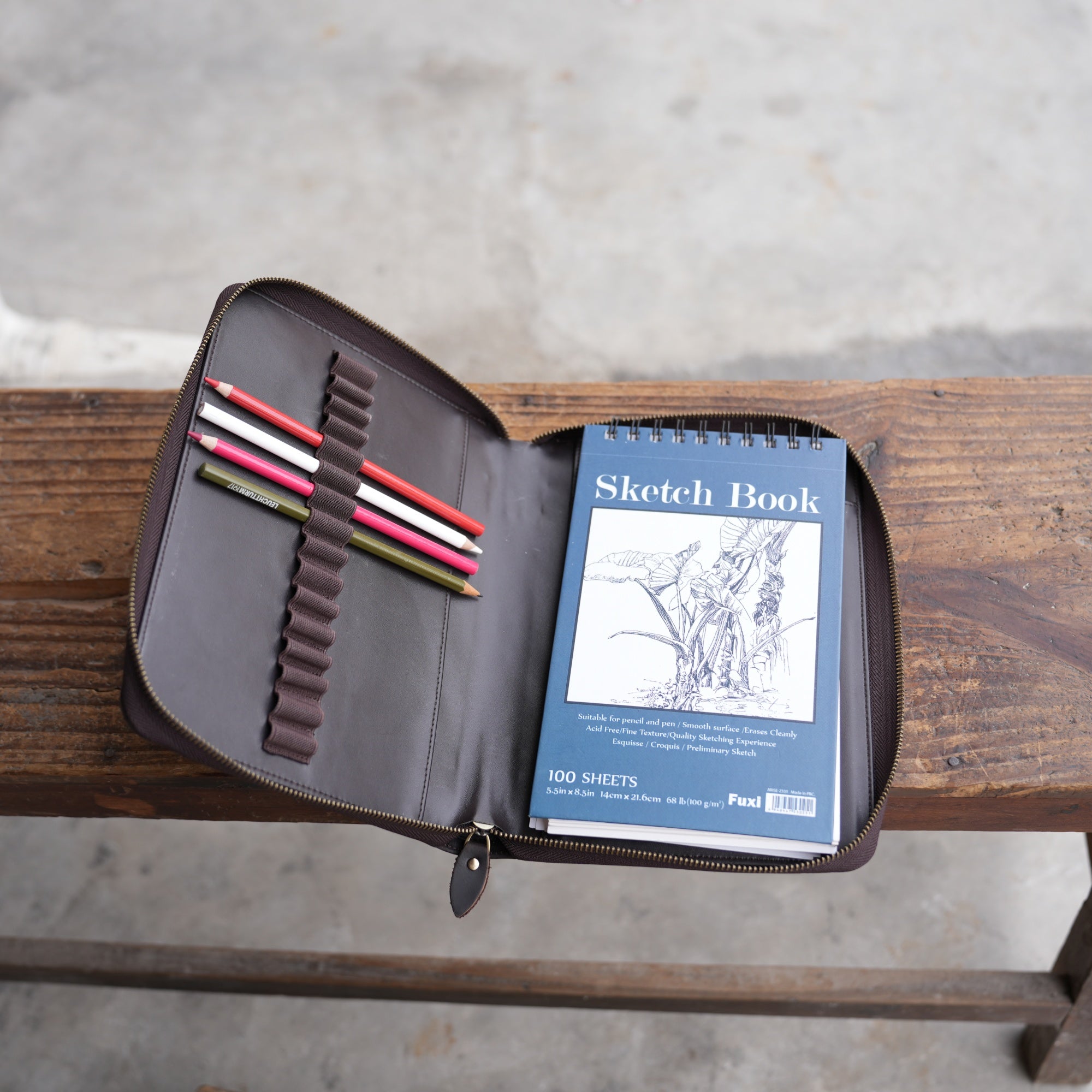 JJNUSA Leather Sketchbook Zipper Cover Artist Sketch Pad Cover for 5.5" x 8.5" / Top Spiral Mini Sketchbook, Drawing Book and Pencil Holder Case, Travel Journal Notebook Portfolio A5