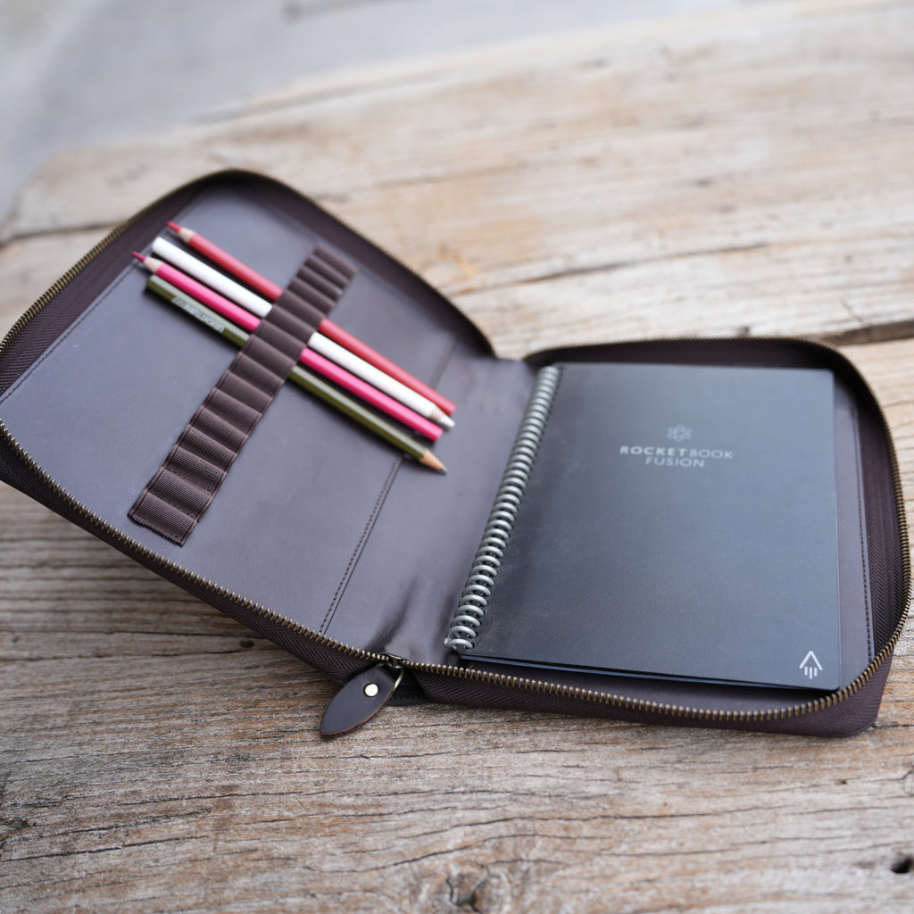 JJNUSA Leather Sketchbook Zipper Cover Artist Sketch Pad Cover for 5.5" x 8.5" / Top Spiral Mini Sketchbook, Drawing Book and Pencil Holder Case, Travel Journal Notebook Portfolio A5