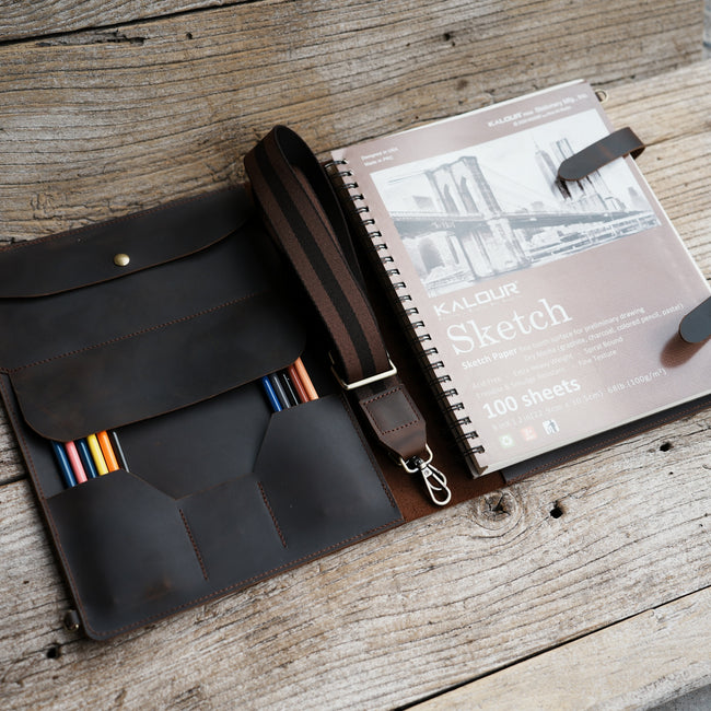 Leather Sketchbook Cover, Leather Artist Sketch Pad Cover for 9 x 12 ,  Refillable leather sketchbook  Holder , Gift for Painter Main Image
