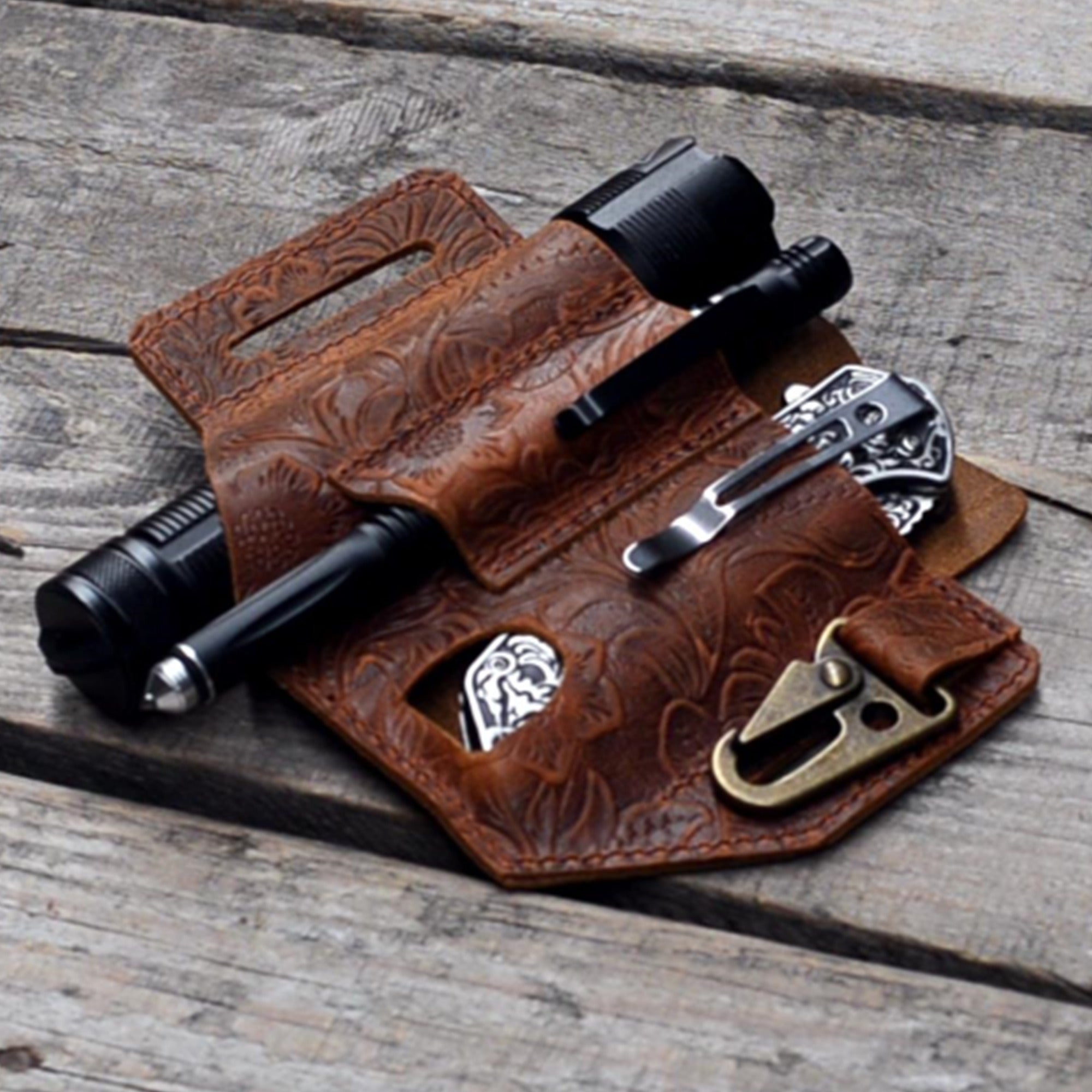 Genuine Leather Multitool Belt Sheath Organizer, Leather spyderco military 2  ,  nitecore edc35 Holder, Keychain Clip, Knives Sheath Holster