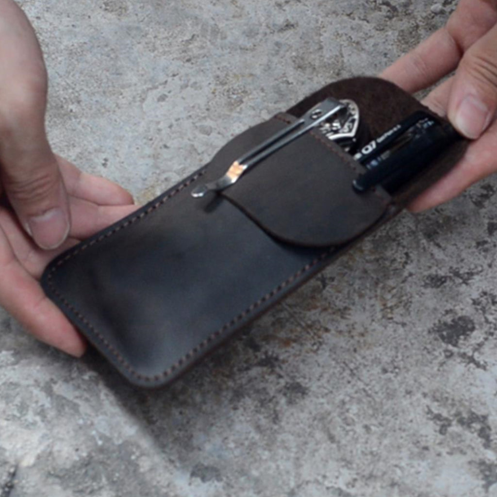 Leather EDC Pocket Slip, Army Knife Sleeve & Pen Holder for Everyday Carry, Camping Accessories