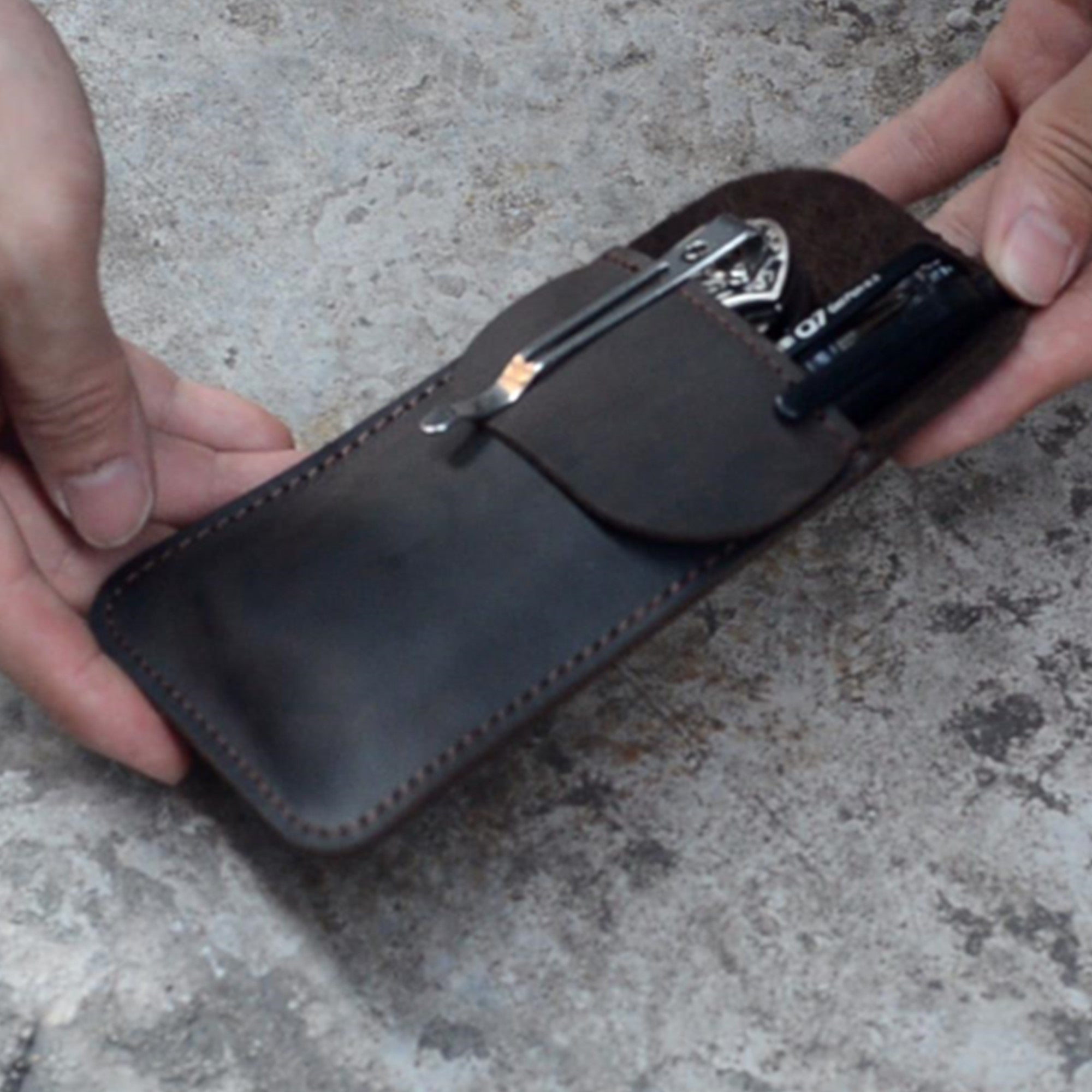 Leather EDC Pocket Slip, Army Knife Sleeve & Pen Holder for Everyday Carry, Camping Accessories