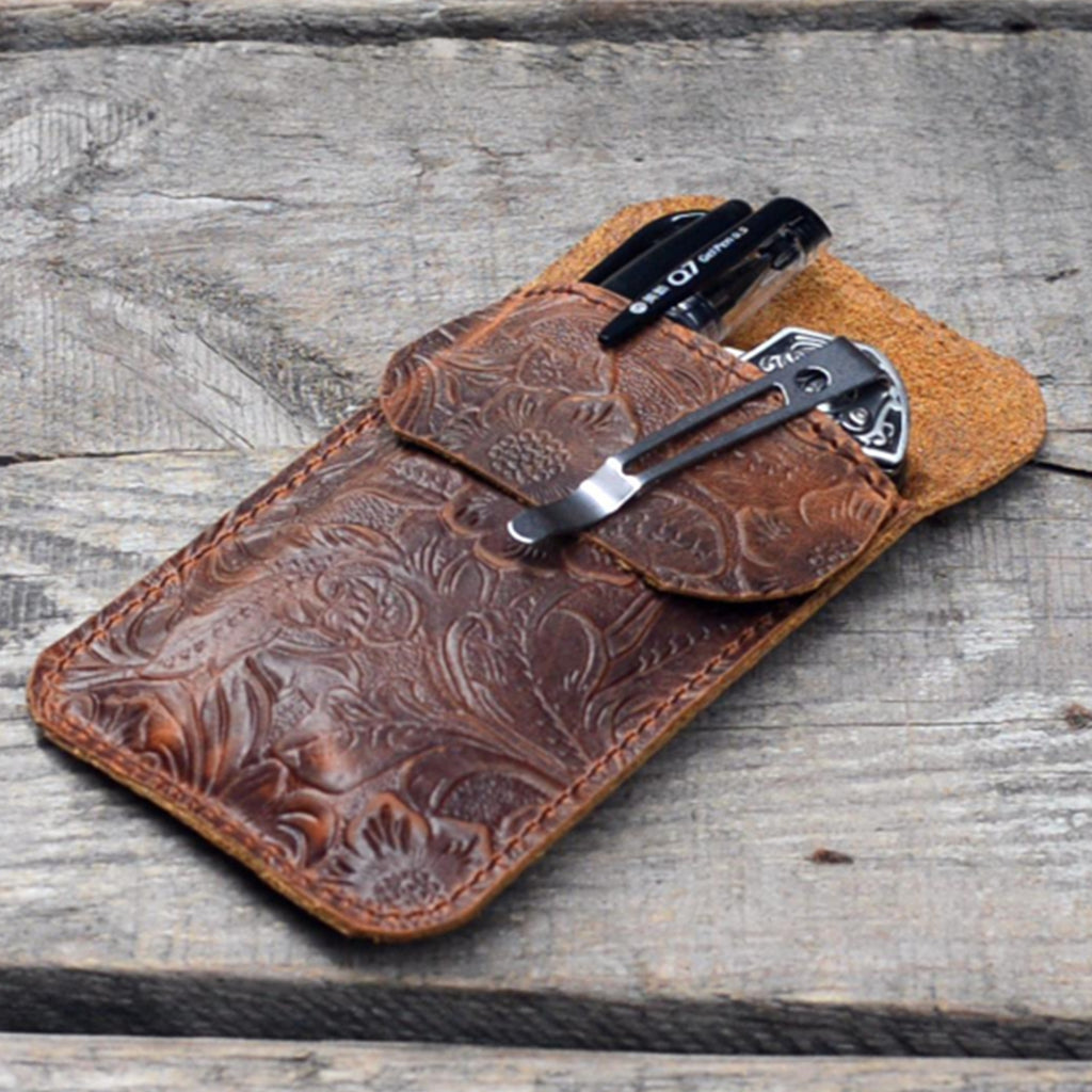 Leather EDC Pocket Slip, Army Knife Sleeve & Pen Holder for Everyday Carry, Camping Accessories