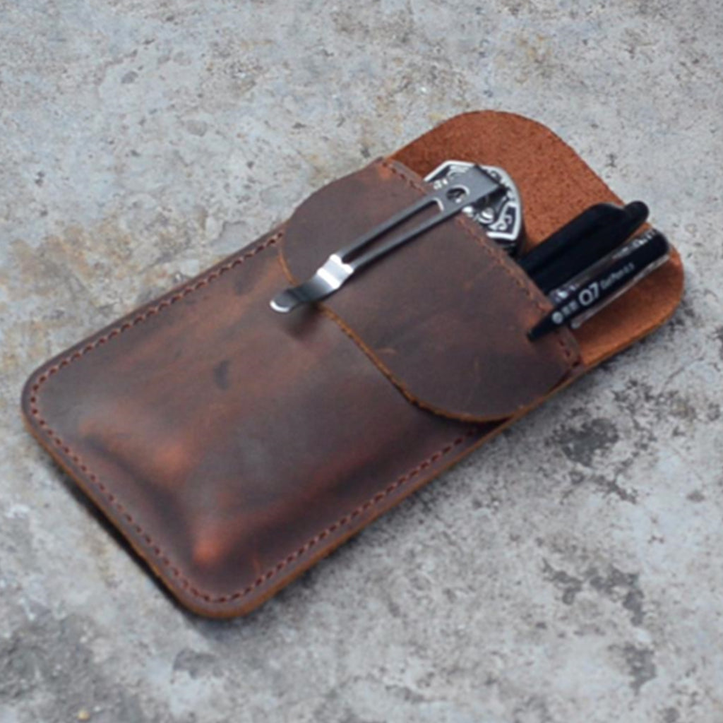 Leather EDC Pocket Slip, Army Knife Sleeve & Pen Holder for Everyday Carry, Camping Accessories