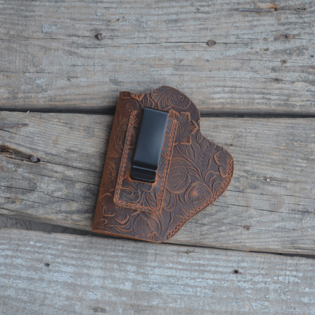 Genuine Leather Gun Holster Handmade Hunting IWB Holster Bag , USP/P8 Pocket Holster Springfield Hellcat and Shield flower brown