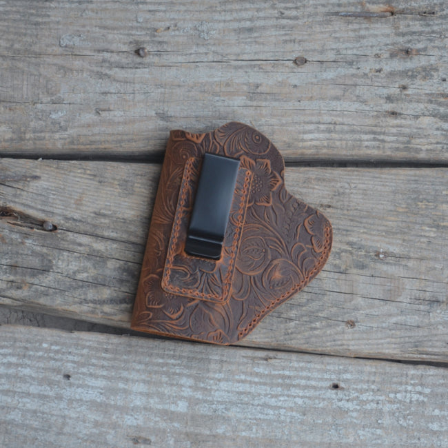 Genuine Leather Gun Holster Handmade Hunting IWB Holster Bag , USP/P8 Pocket Holster Springfield Hellcat and Shield flower brown Main Image