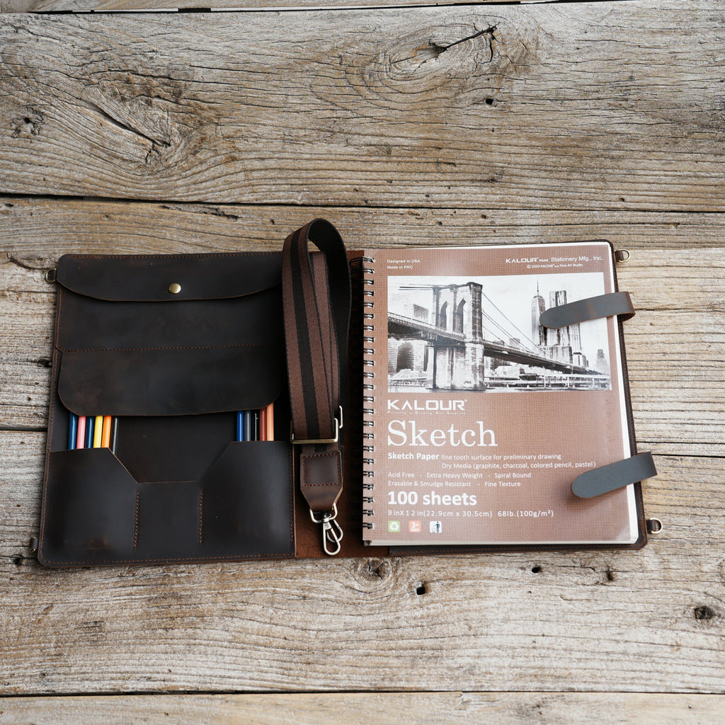 Leather Sketchbook Cover, Leather Artist Sketch Pad Cover for 9 x 12 ,  Refillable leather sketchbook  Holder , Gift for Painter