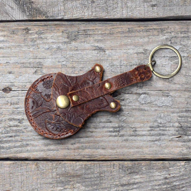 Genuine Guitar shaped pick holder, Genuine Leather Guitar Pick Holder Keychain, Picks Case Instrument Gifts Ideas for Musicians Hover Image