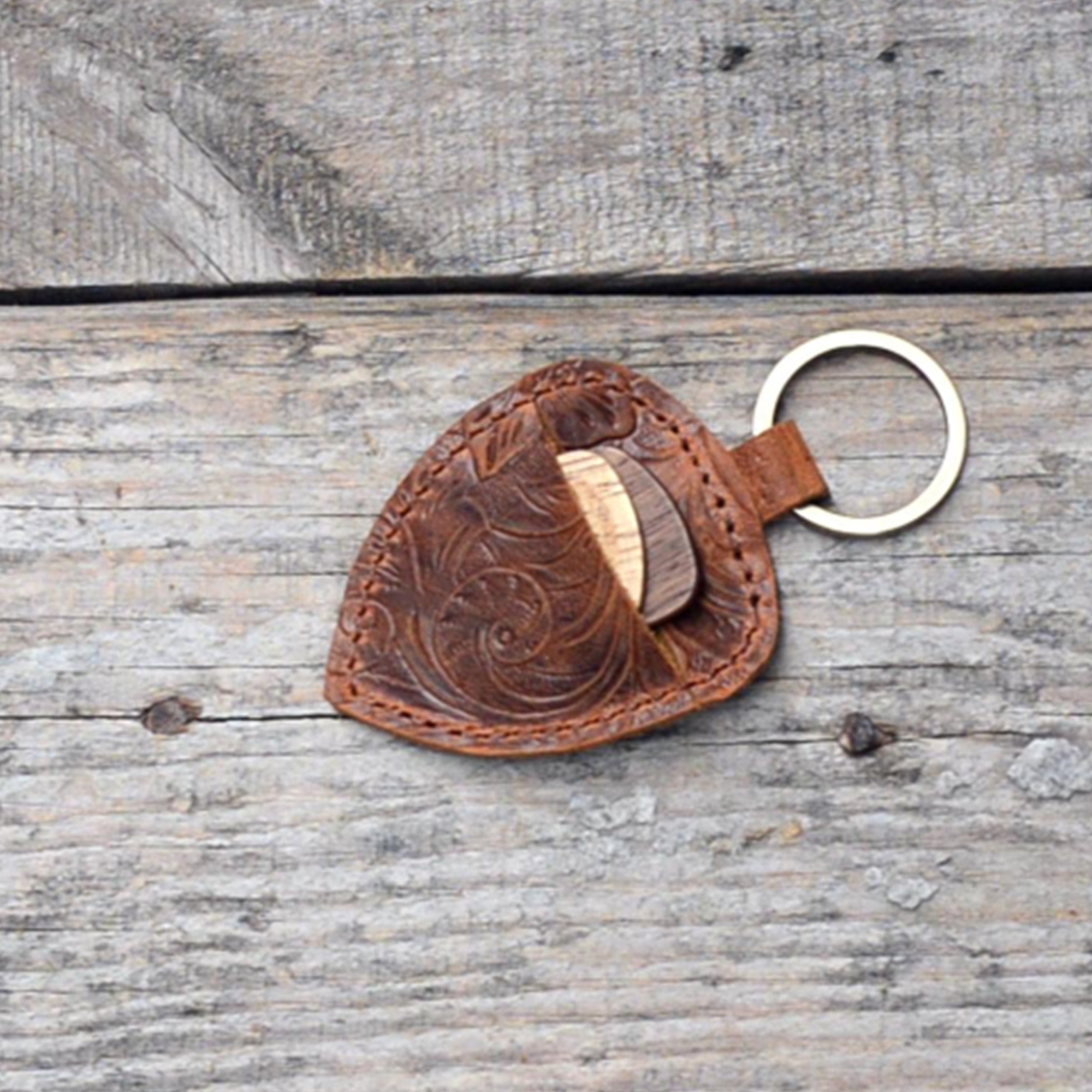 Genuine Leather Guitar shaped Pick Holder Keychain with Belt for guitar picks Keychain Quarter holder key chain, Mandolin, Ukulele or Bass