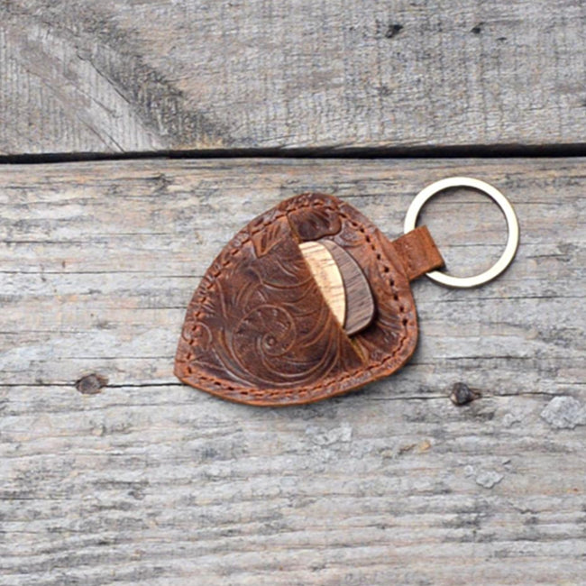 Genuine Leather Guitar shaped Pick Holder Keychain with Belt for guitar picks Keychain Quarter holder key chain, Mandolin, Ukulele or Bass Main Image