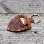 Genuine Leather Guitar shaped Pick Holder Keychain with Belt for guitar picks Keychain Quarter holder key chain, Mandolin, Ukulele or Bass