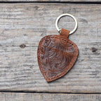 Genuine Leather Guitar shaped Pick Holder Keychain with Belt for guitar picks Keychain Quarter holder key chain, Mandolin, Ukulele or Bass