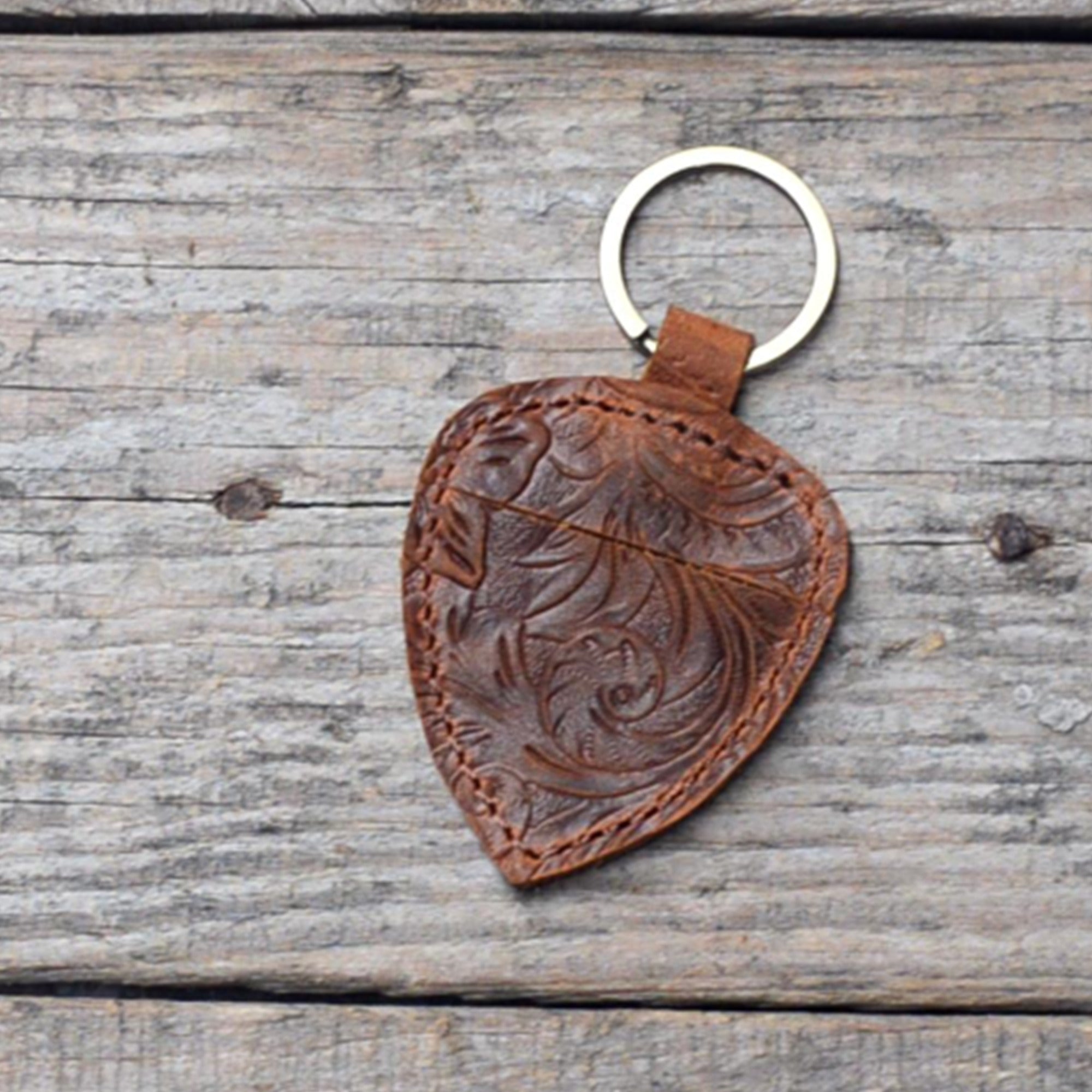 Genuine Leather Guitar shaped Pick Holder Keychain with Belt for guitar picks Keychain Quarter holder key chain, Mandolin, Ukulele or Bass