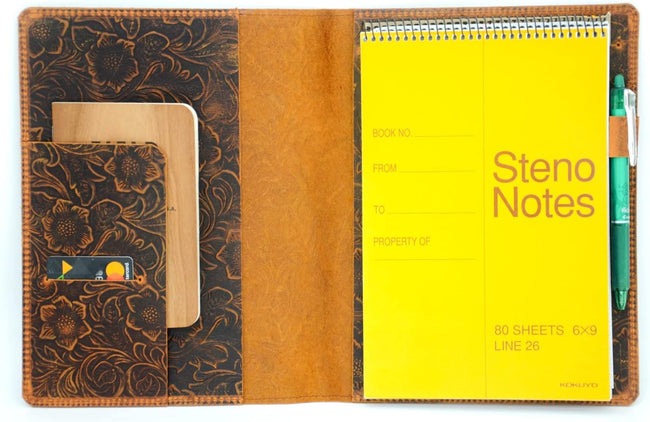 JJNUSA Leather Cover Compatible With Rocketbook Flip Executive 6" x 8.8", Steno Notes 6" x 9" Spiral Notebooks Distressed Genuine A5 Leather Cover Flower brown Hover Image