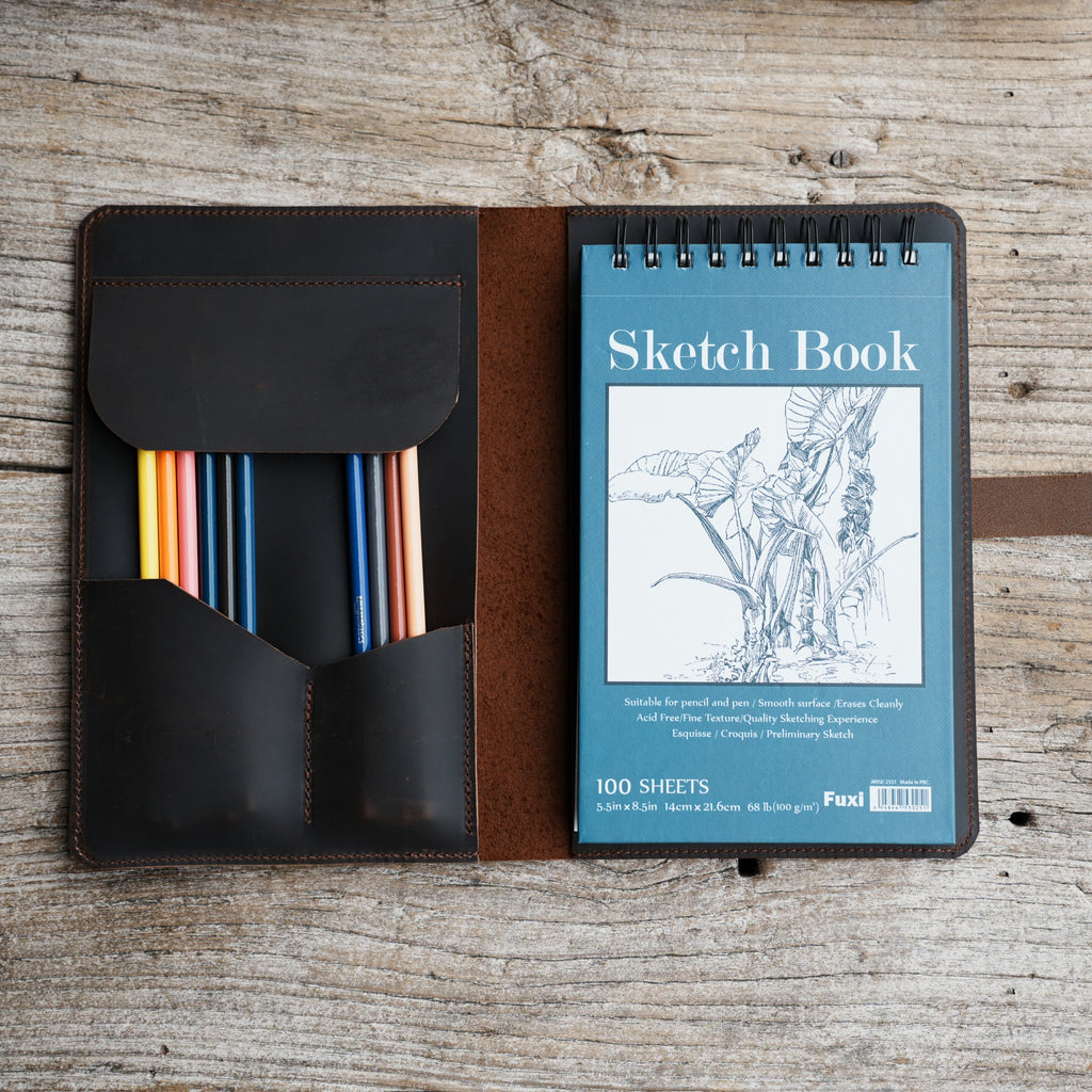 Leather Sketchbook Cover, Leather Artist Sketch Pad Cover for top Spiral Sketch Pad 5.5 x8.5 ,Refillable leather sketchbook Gift for Painter