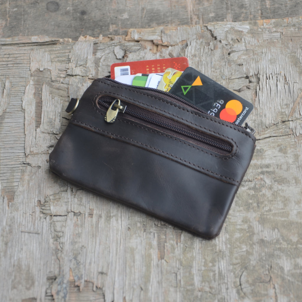 Genuine Leather Zipper Coin Purse for Men, Credit Card Case Holder, Mens Tray Purses Coin Purse Cash Change Wallet Car Smart Holder Money Pouch