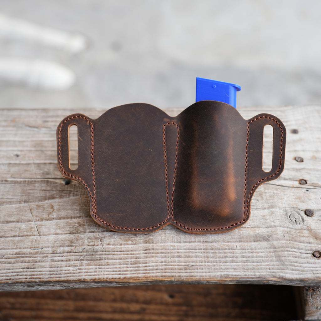 Genuine Leather Tactical Double Mag Magazine Holde fit 9mm, .40 or .45 Caliber Pistol Mag | Single Double Stack | IWB or OWB Mag Pouch Holster 01