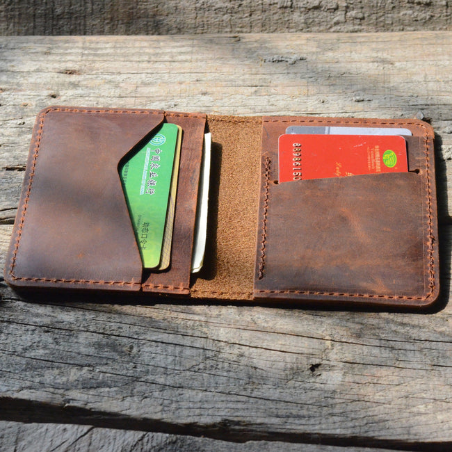 personalized Minimalist Bifold Wallet, Men's Minimalist Card Holder Distressed Leather Wallet  |  Bifold Leather Wallet Hover Image