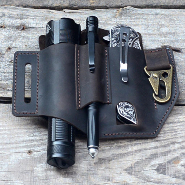 Genuine Leather Multitool Belt Sheath Organizer, EDC Belt Holder   Flashlight Holder, Pen Holder and Key chain Clip, Knives Sheath Holster Main Image