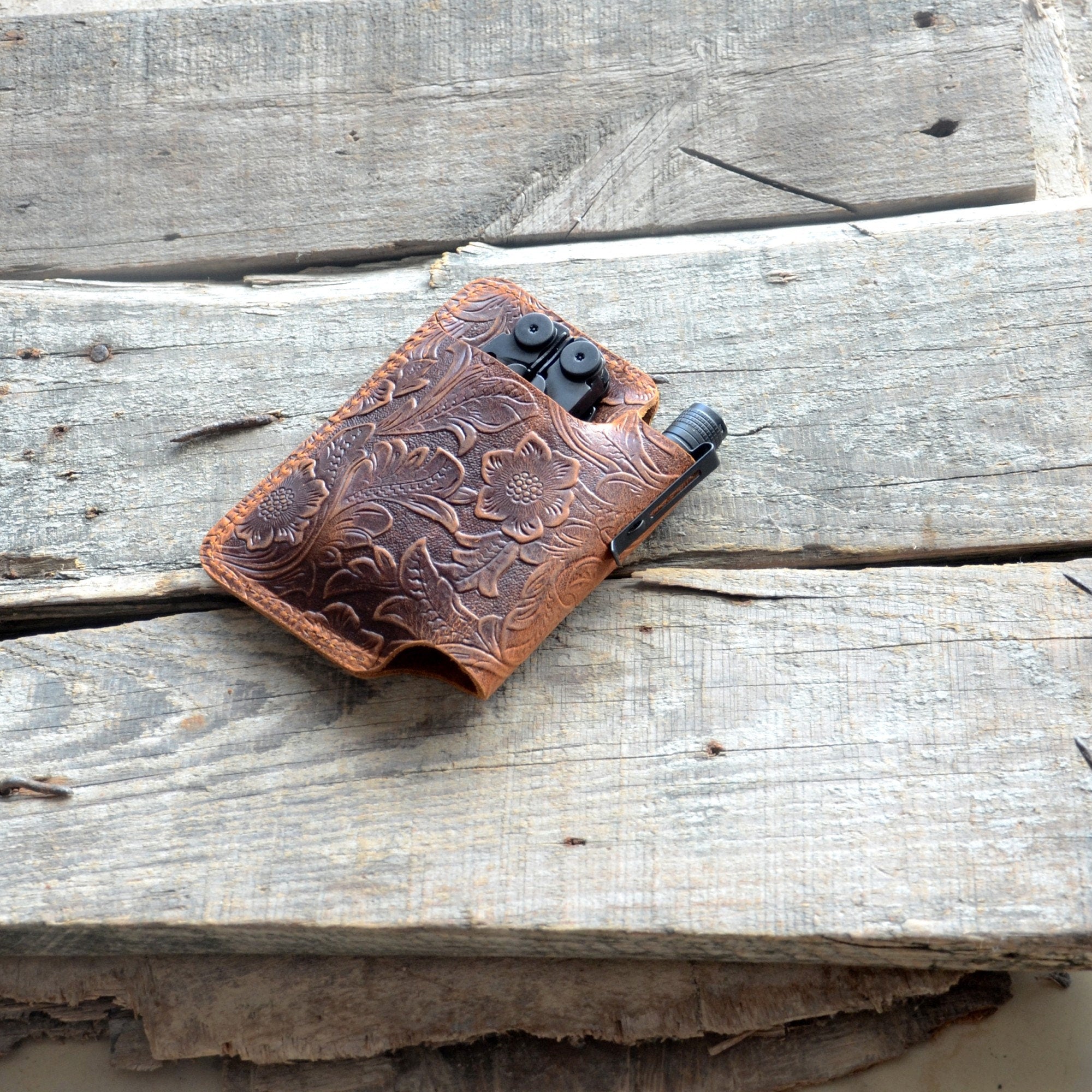 Genuine Leather Multitool Belt Sheath Organizer, EDC Belt   Flashlight Holder, Pen Holder , Leatherman Wave & Wave+  Knives Sheath Holster