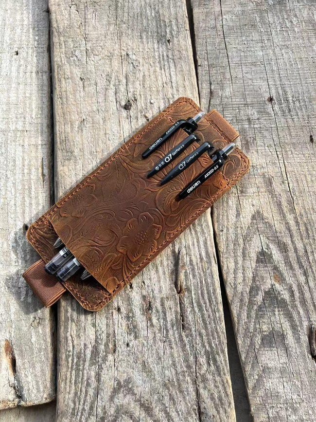 Leather Pen Sleeve , Elastic band   Leather Pen pouch , Pen Leather Pocket , notebook pencil case  Holder Tall Cover Pen Pouch Pen Holster Hover Image