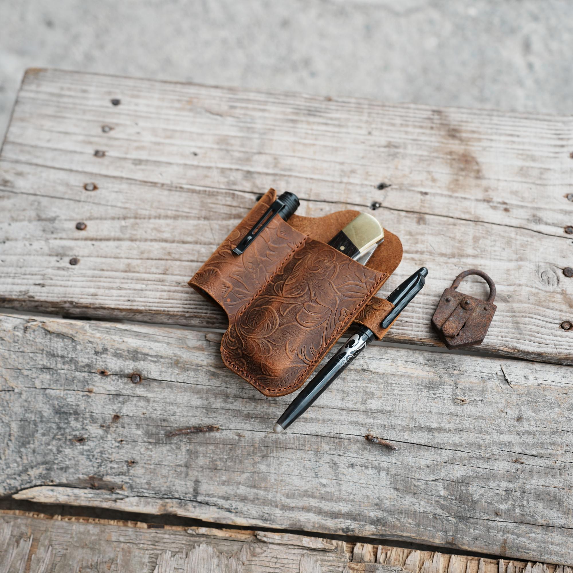 Genuine Leather Pocket Knives Sheath for spyderco military 2 5  , EDC Belt Flashlight Holder , nitecore edc35 Holder , Folding Knife Holster