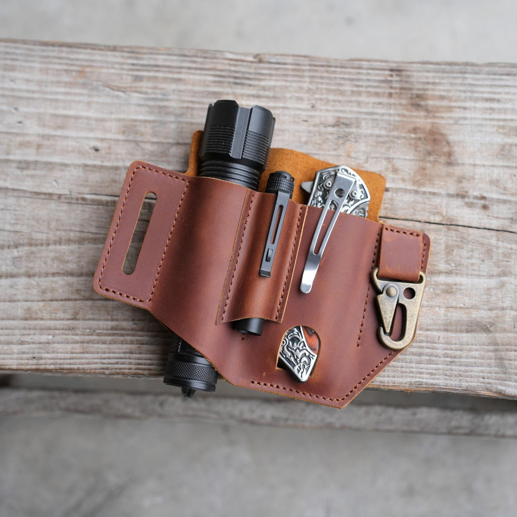 Genuine Leather Multitool Sheath Organizer, EDC  Flashlight Holder, Pen Holder and Keychain Clip, Knives Sheath Holster olight seeker pro 3