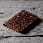 Distressed Men's Minimalist Leather  Wallet Card Holder Flower Brown - JJNUSA