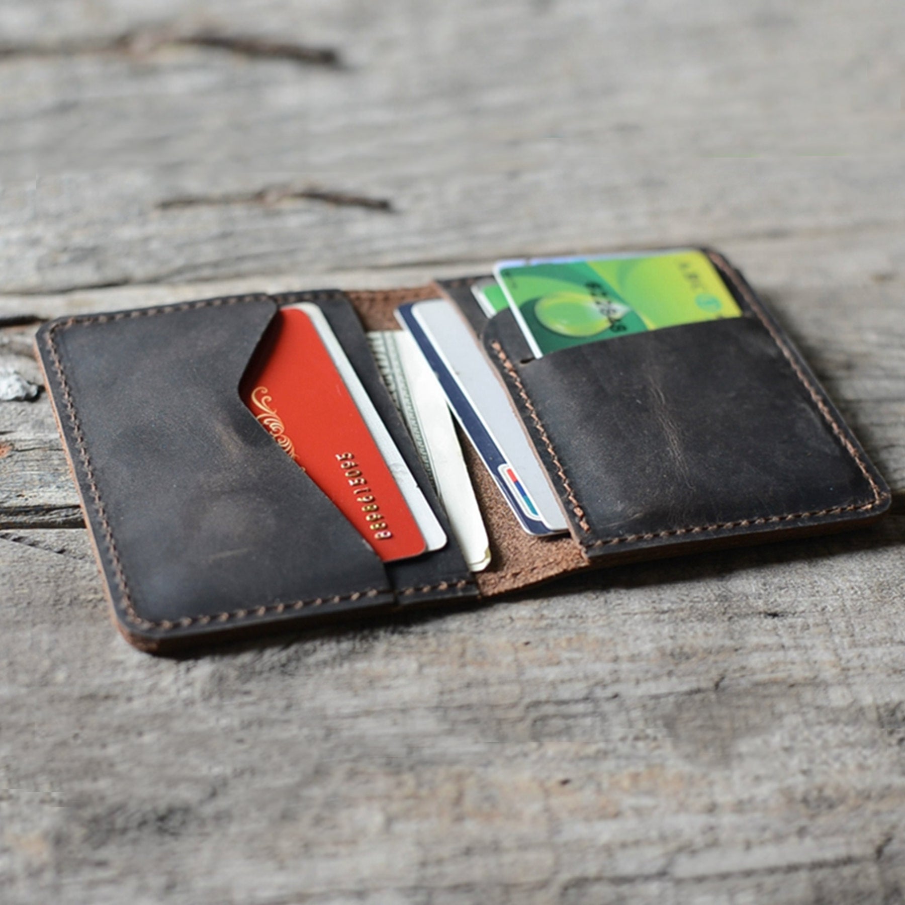 JJNUSA  Minimalist Bifold Wallet Men's Card Holder Distressed Leather Wallet | darkbrown