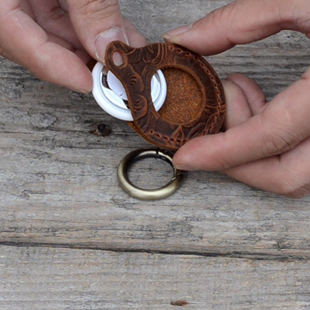 JJNUSA Vintage Genuine Leather Case Compatible with AirTags with Keychain