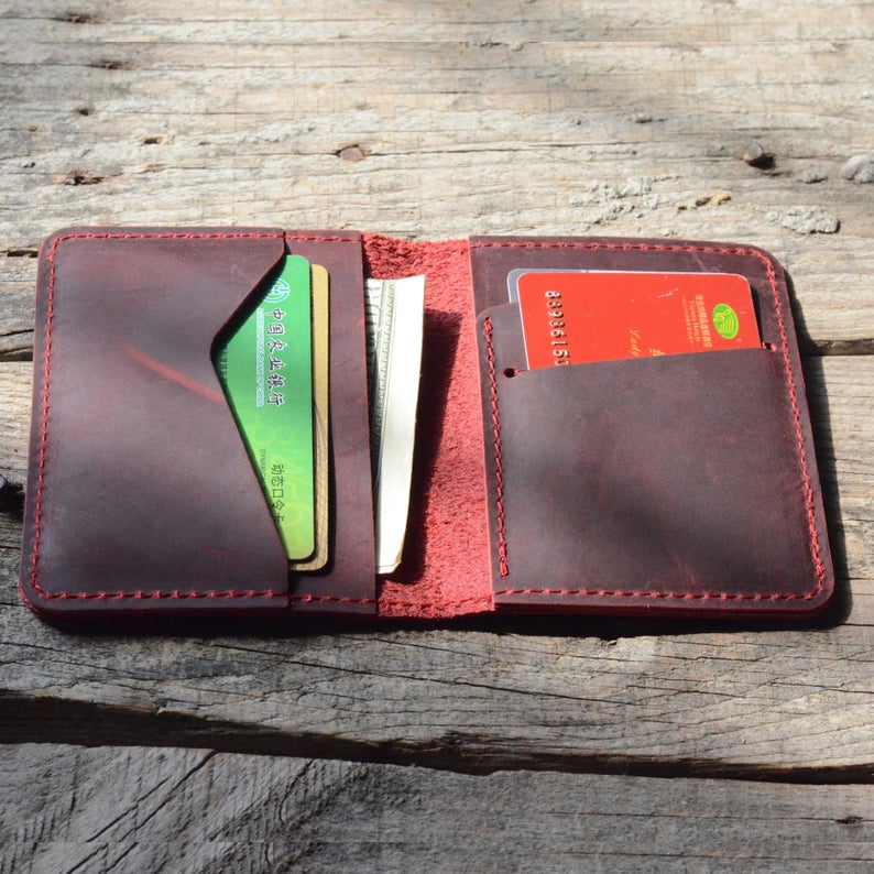 JJNUSA Bifold Wallet, Men's Minimalist Card Holder Distressed Leather Wallet | Red - JJNUSA