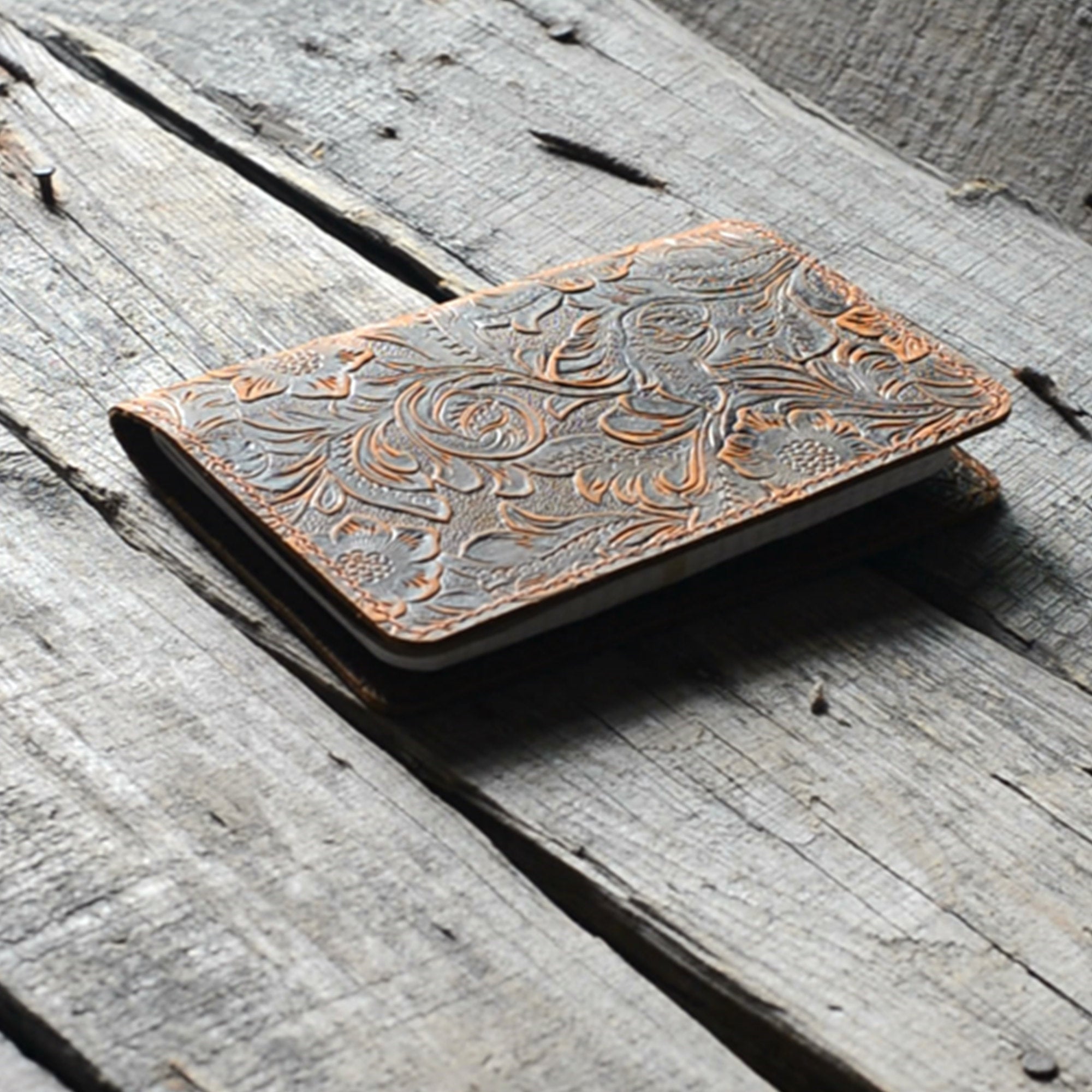 Distressed Genuine Leather Travel Journal Field Notes Cover  for 3.5 x 5.5 Notebook Moleskine Cahier Flower brown