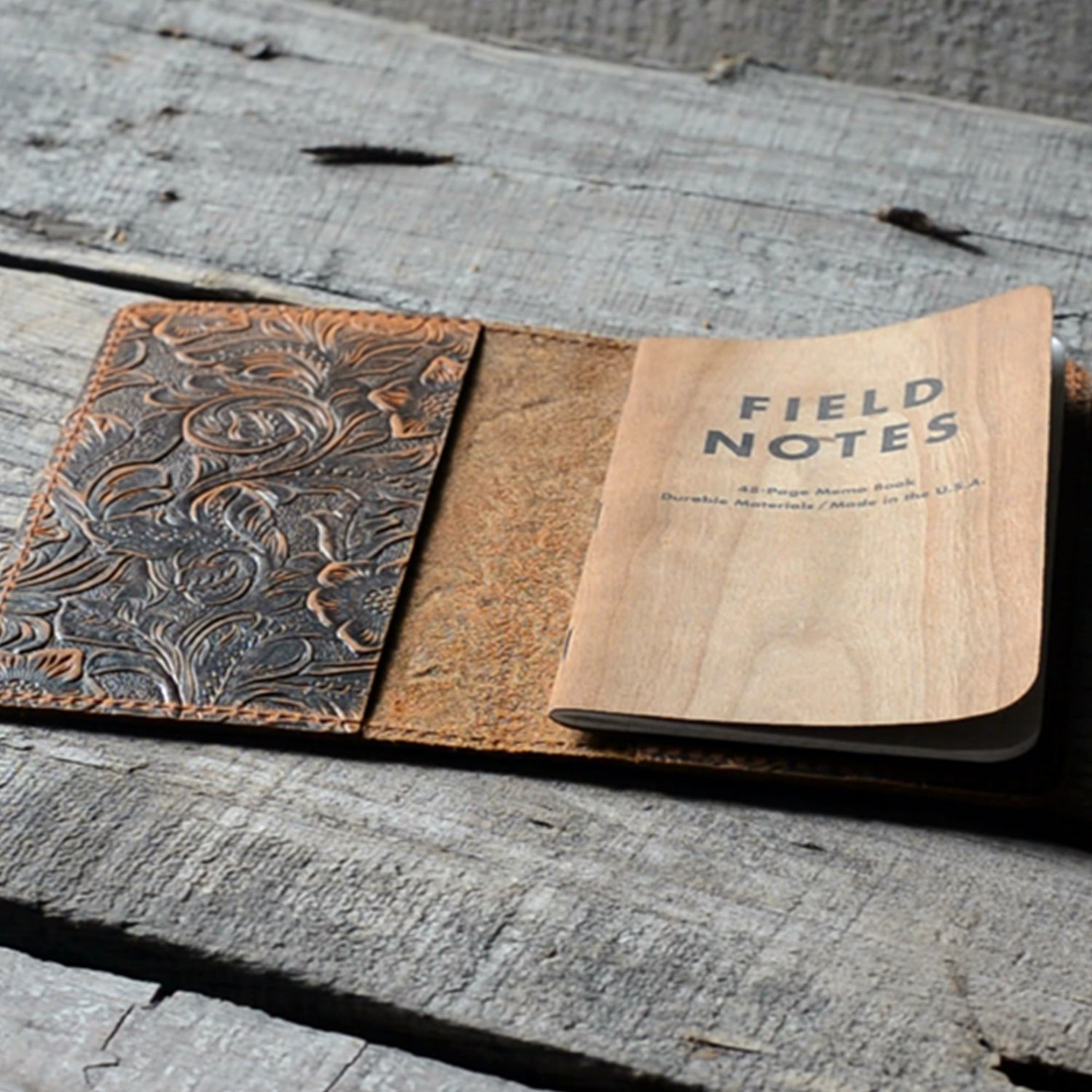 Distressed Genuine Leather Travel Journal Field Notes Cover  for 3.5 x 5.5 Notebook Moleskine Cahier Flower brown - JJNUSA