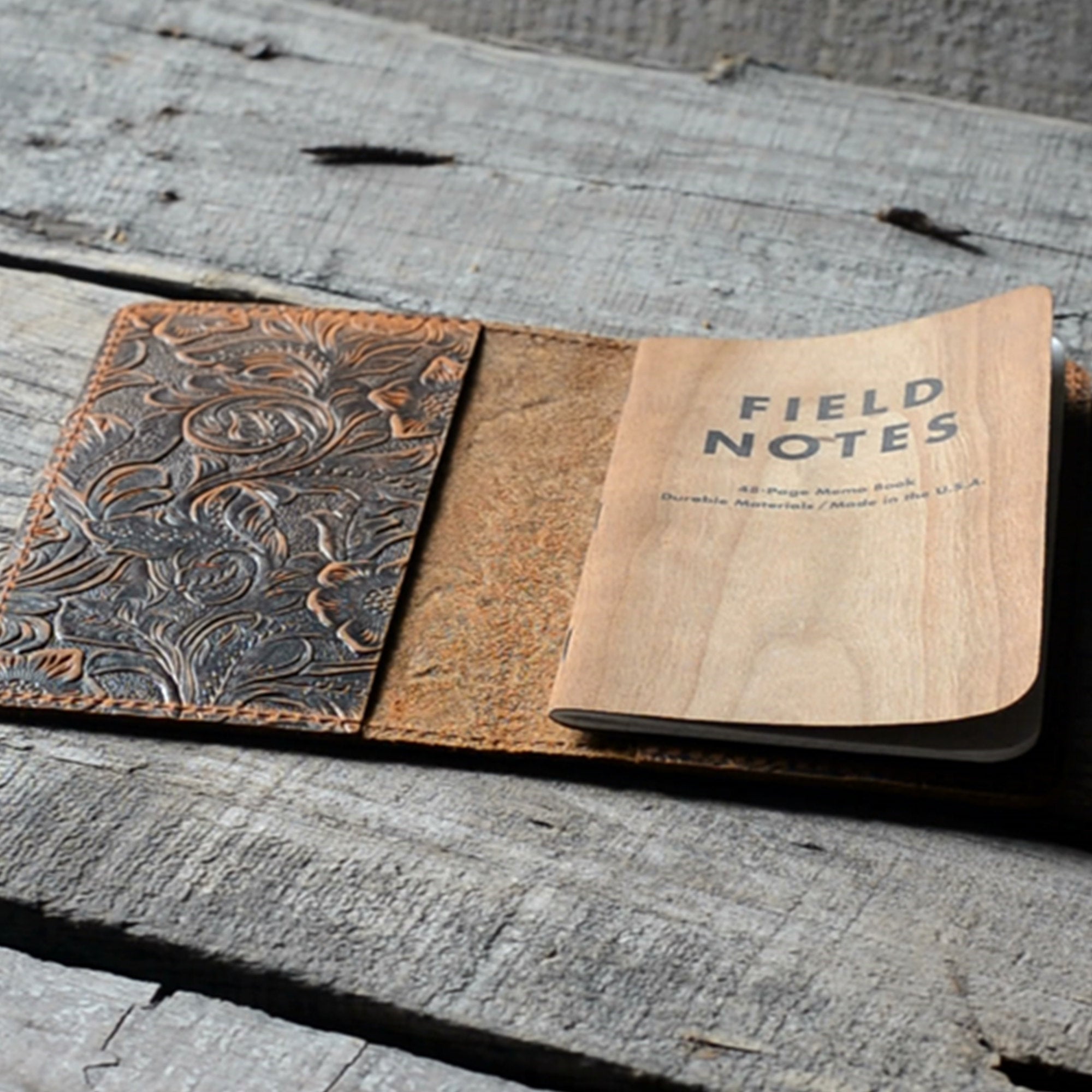 Distressed Genuine Leather Travel Journal Field Notes Cover  for 3.5 x 5.5 Notebook Moleskine Cahier Flower brown